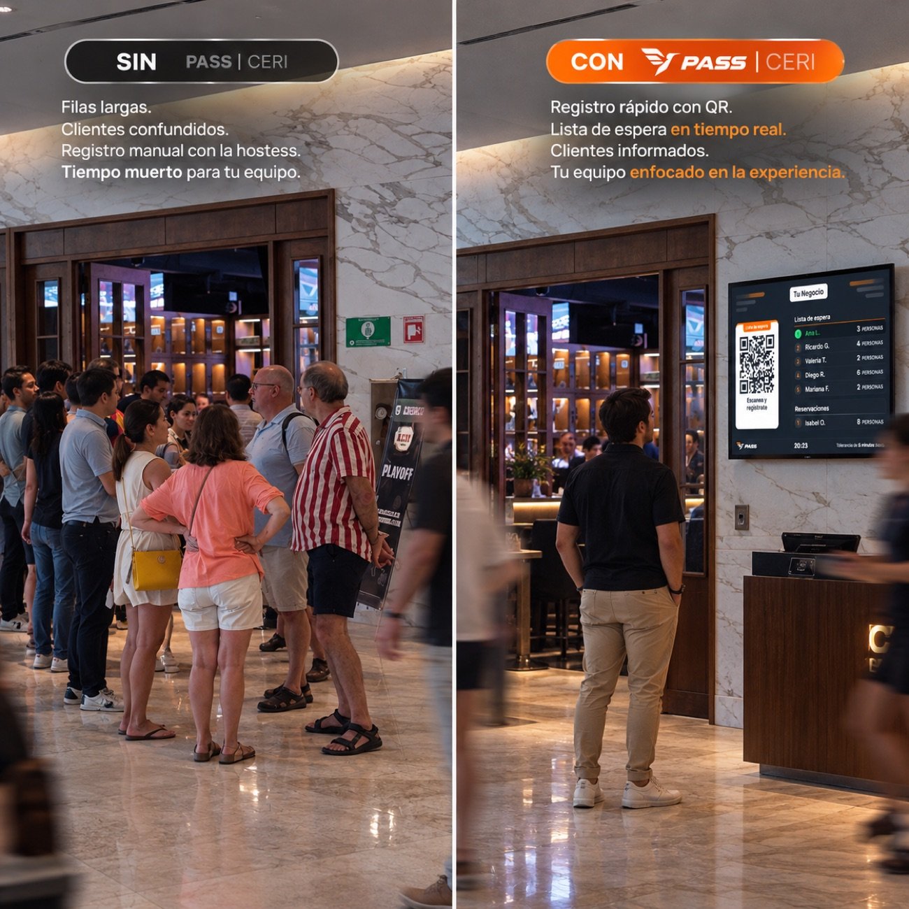 Antes y después: sin PASS CERI hay filas; con PASS CERI registro rápido con QR y lista de espera en pantalla